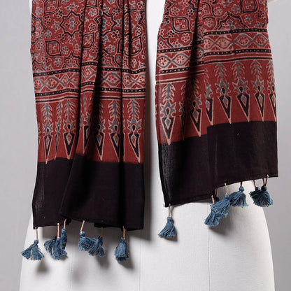 Red - Ajrakh Block Printed Mul Cotton Stole with Tassels