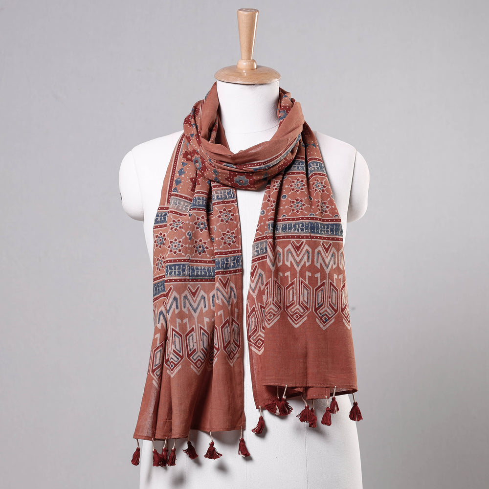 Peach - Ajrakh Block Printed Mul Cotton Stole with Tassels