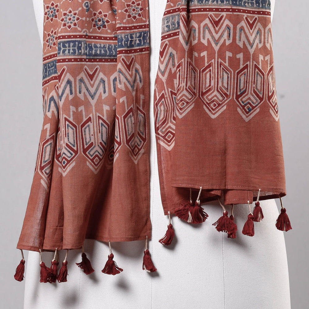 Peach - Ajrakh Block Printed Mul Cotton Stole with Tassels