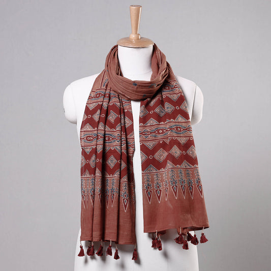Peach - Ajrakh Block Printed Mul Cotton Stole with Tassels