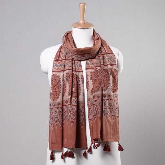 Peach - Ajrakh Block Printed Mul Cotton Stole with Tassels