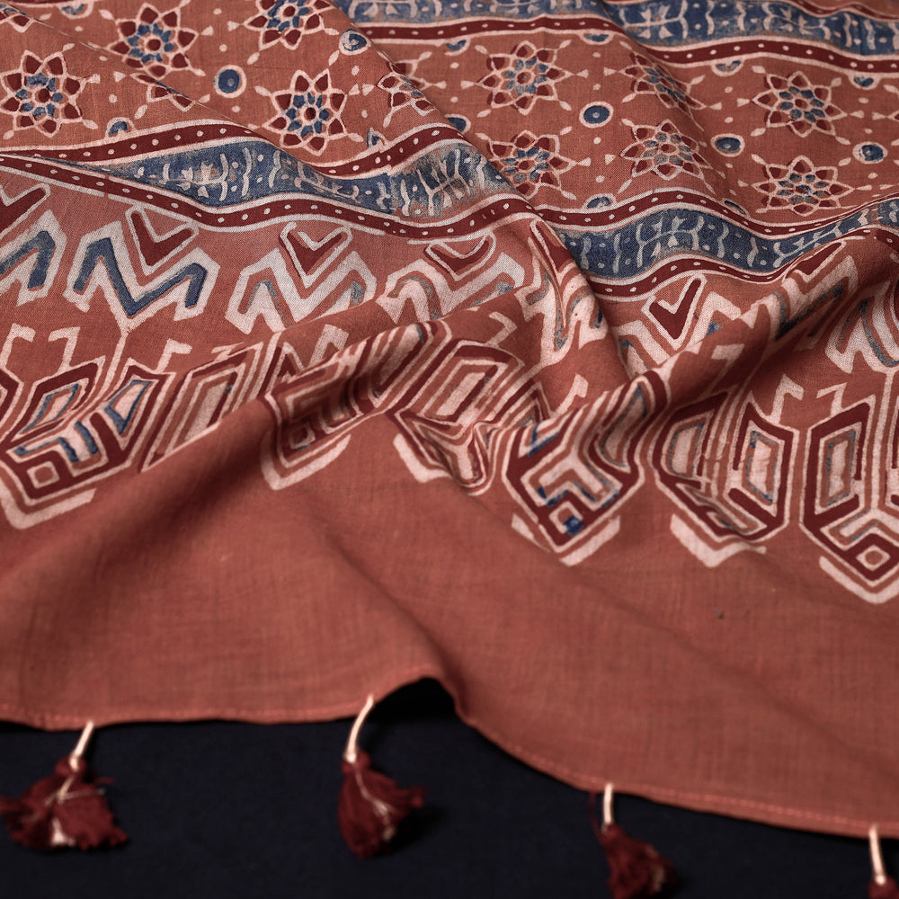 Peach - Ajrakh Block Printed Mul Cotton Stole with Tassels