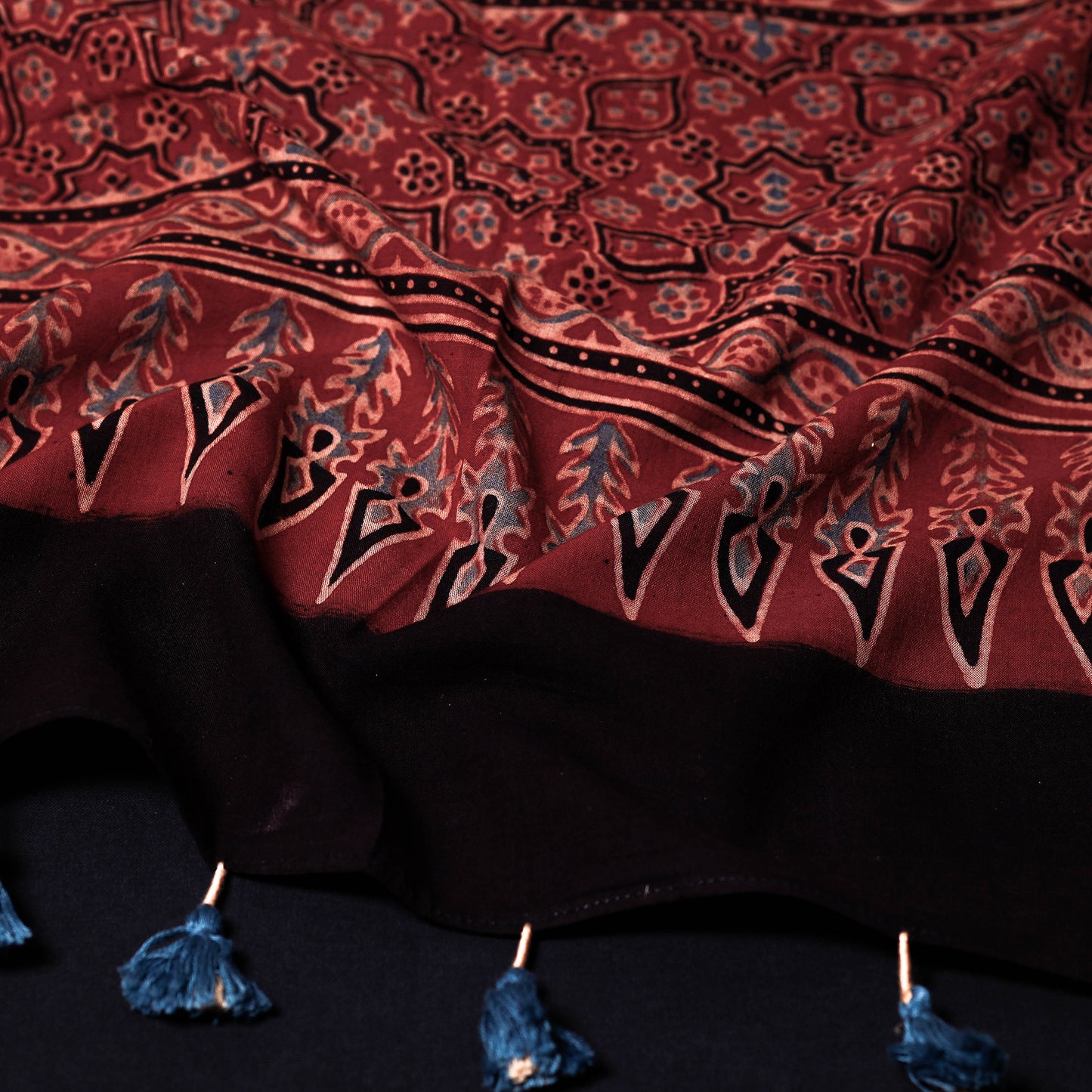 Red - Ajrakh Block Printed Mul Cotton Stole with Tassels