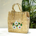 Beige Handcrafted Natural Water Reed Embroidered Shopping