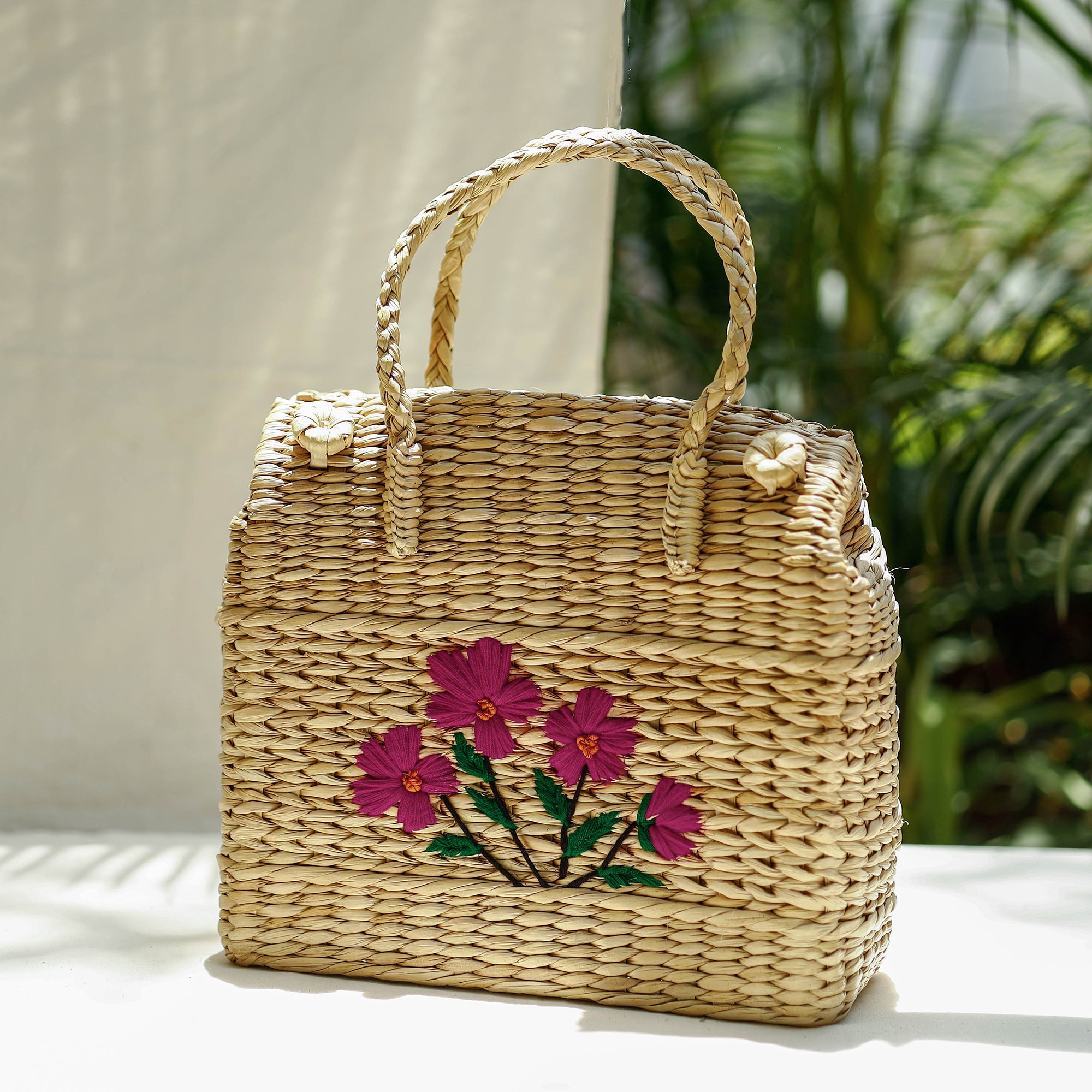 Beige - Handcrafted Natural Water Reed Embroidered Hand Bag