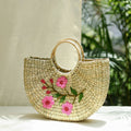 Beige Handcrafted Natural Water Reed Embroidered Hand Bag