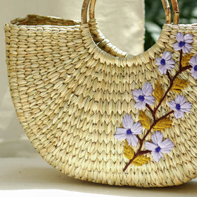 Beige Handcrafted Natural Water Reed Embroidered Hand Bag