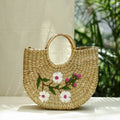 Beige Handcrafted Natural Water Reed Embroidered Hand Bag