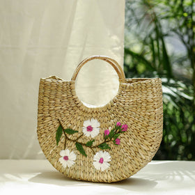 Beige Handcrafted Natural Water Reed Embroidered Hand Bag