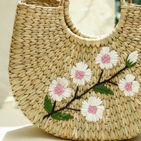 Beige Handcrafted Natural Water Reed Embroidered Hand Bag