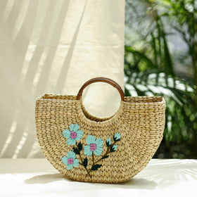 Beige Handcrafted Natural Water Reed Embroidered Hand Bag