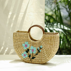 Beige Handcrafted Natural Water Reed Embroidered Hand Bag