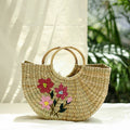 Beige Handcrafted Natural Water Reed Embroidered Hand Bag