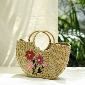 Beige Handcrafted Natural Water Reed Embroidered Hand Bag