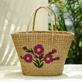 Beige Handcrafted Natural Water Reed Embroidered Shopping Bag