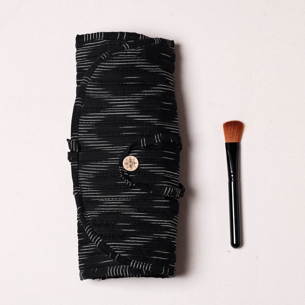 Black - Ikat Fabric Multipurpose Segmented Make-up Brush Wrap Pouch/Case