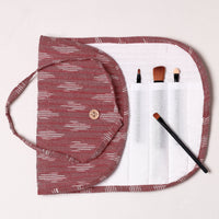 Maroon - Ikat Fabric Multipurpose Segmented Make-up Brush Wrap Pouch/Case