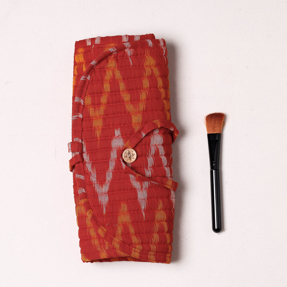 Red - Ikat Fabric Multipurpose Segmented Make-up Brush Wrap Pouch/Case