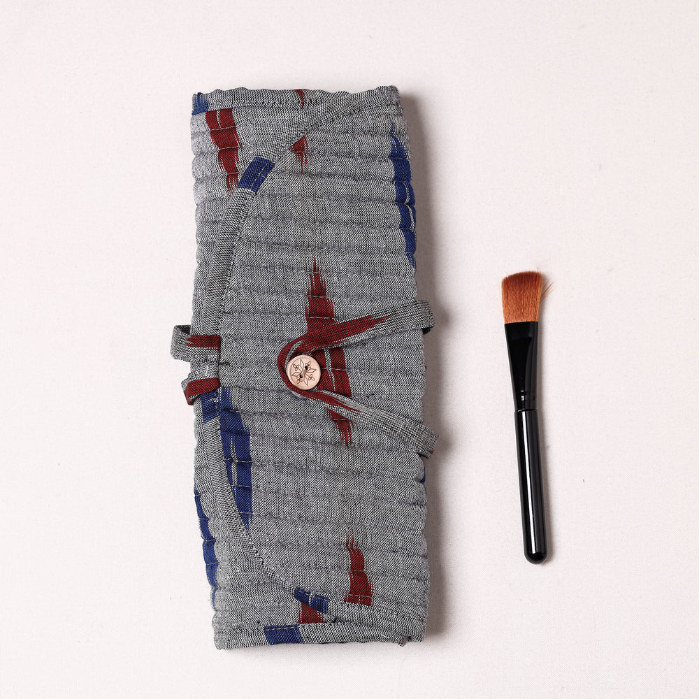 Grey - Ikat Fabric Multipurpose Segmented Make-up Brush Wrap Pouch/Case