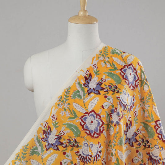 Turmeric Yellow Floral Sanganeri Block Printed Cotton Fabric