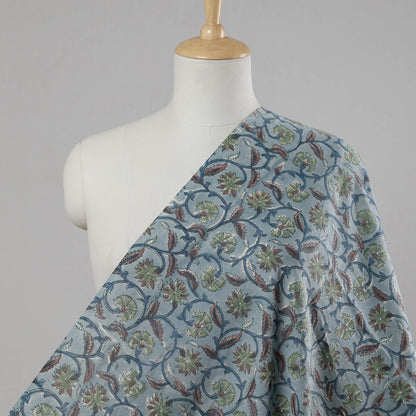 Faded Blue Floral Forage Sanganeri Block Printed Cotton Fabric