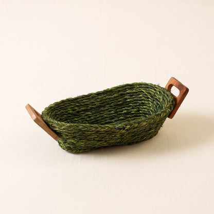 Kadam Haat Handmade Sabai Grass Bread Basket (Green & Red - Set of 2)