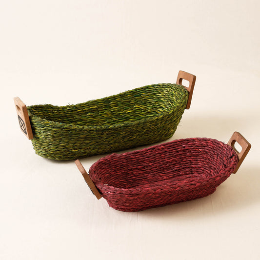 Kadam Haat Handmade Sabai Grass Bread Basket (Green & Red - Set of 2)