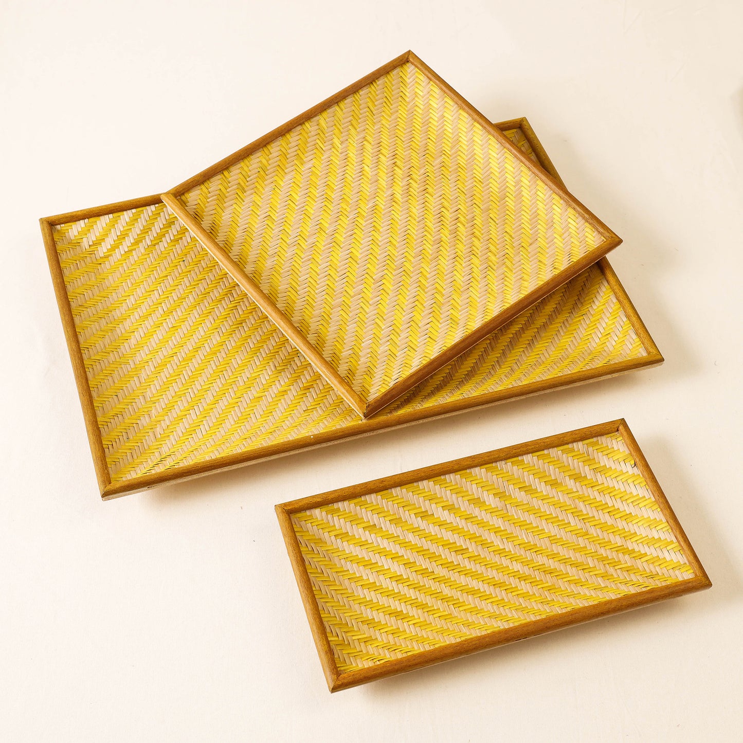 Kadam Haat Handmade Bamboo Cereal Tray (Yellow - Set of 3)