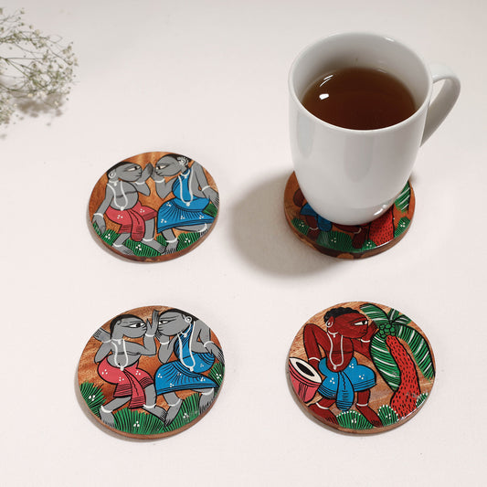 Bengal Patua Handpainted Akashmoni Wooden Coasters (Set of 4)