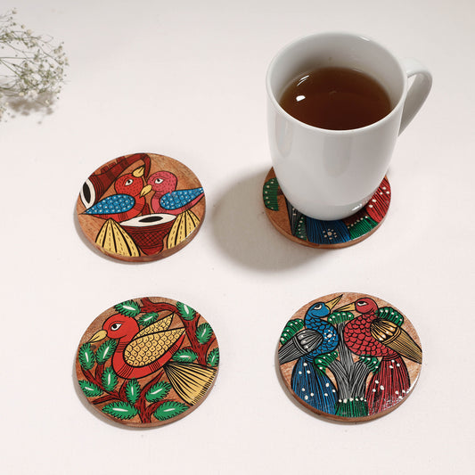 Bengal Patua Handpainted Akashmoni Wooden Coasters (Set of 4)