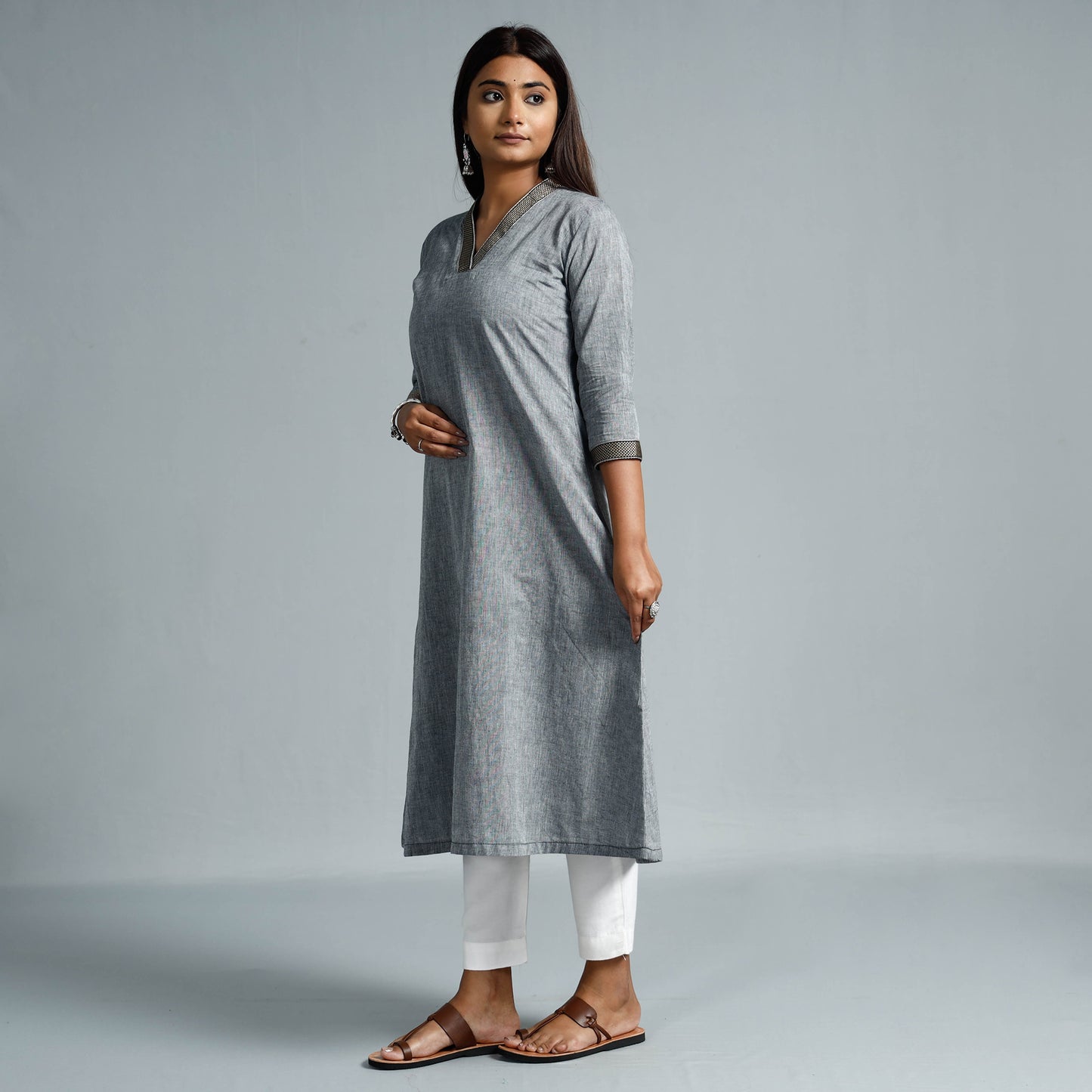 Grey - Dharwad Cotton  A-Line Long Kurta