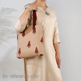 Beige Handcrafted Sanganeri Printed Leather Hand Bag