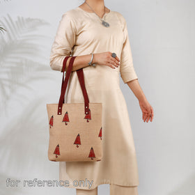 Beige Handcrafted Sanganeri Printed Leather Hand Bag