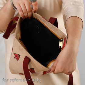 Beige Handcrafted Sanganeri Printed Leather Hand Bag