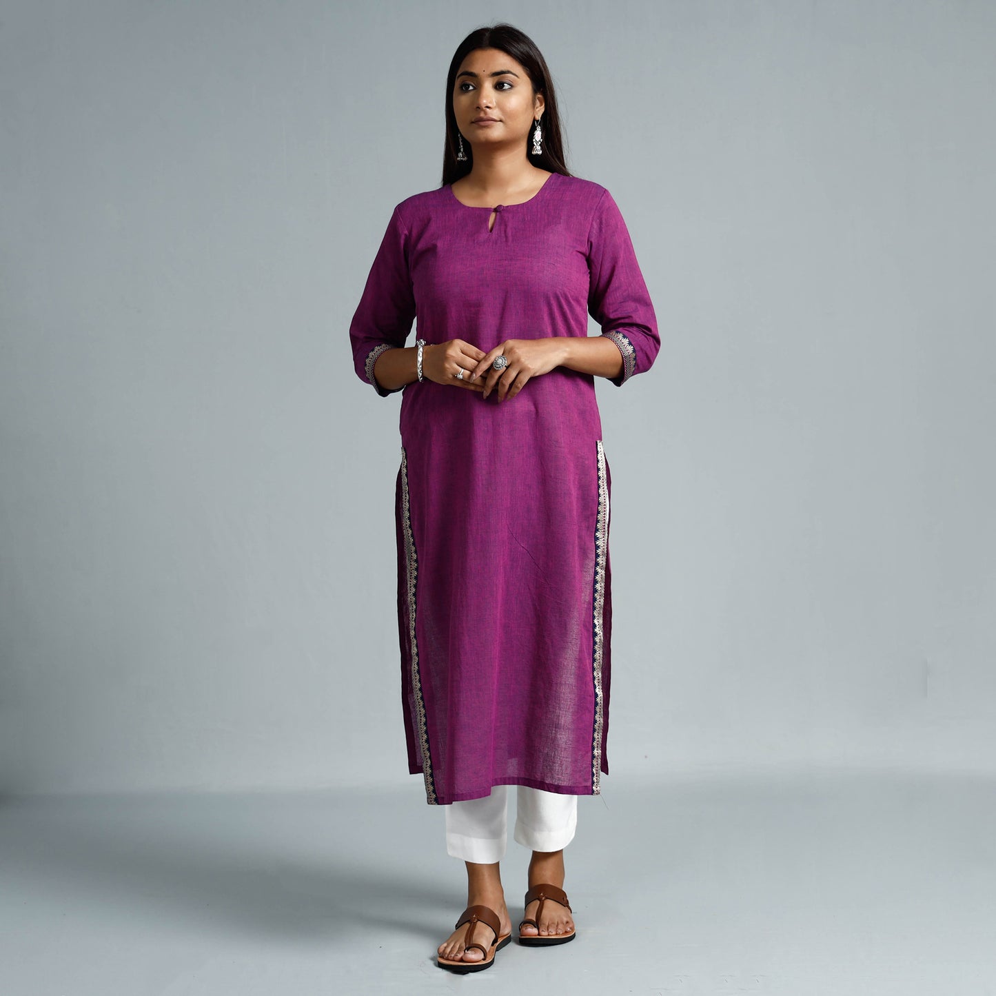 Purple & Navy Blue Dharwad Cotton Long Kurta