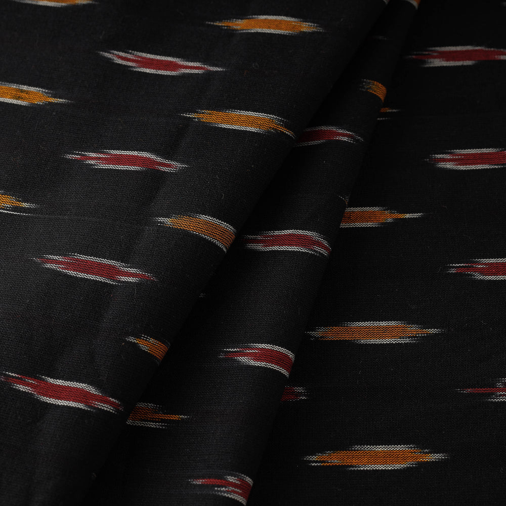 Ebony Black With Orange & Red Butta Pochampally Ikat Weave Cotton Fabric 04