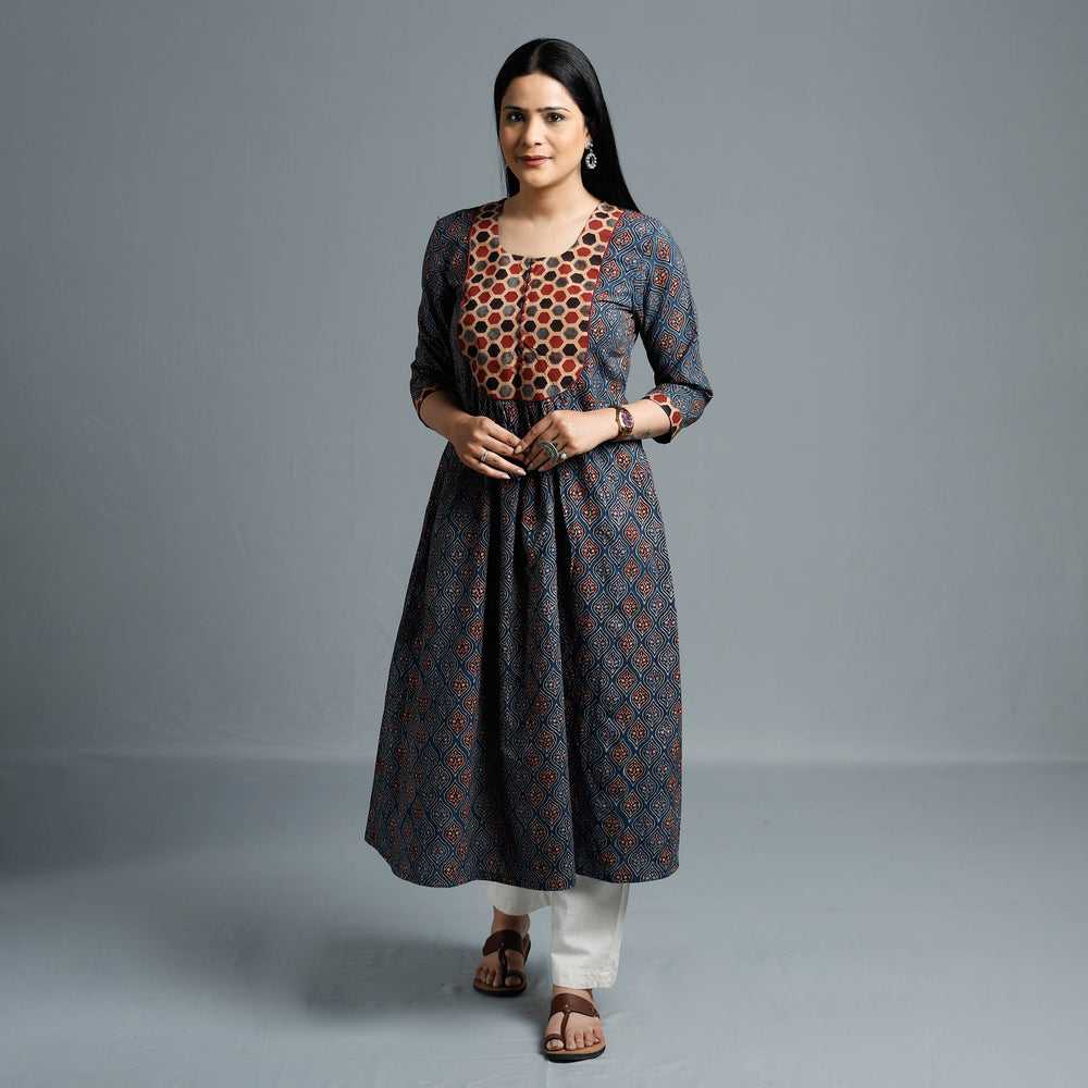 Blue - Cotton Long kurta in Ajrakh Block Prints of Kutch