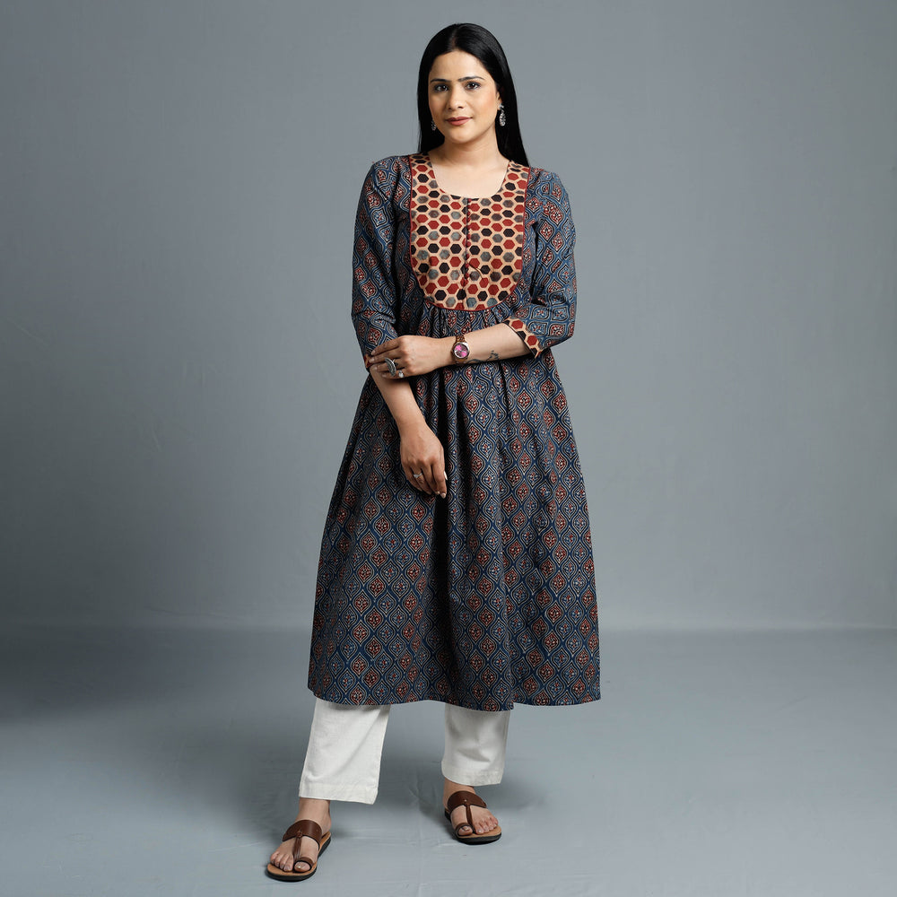 Blue - Cotton Long kurta in Ajrakh Block Prints of Kutch