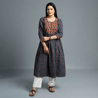 Blue - Cotton Long kurta in Ajrakh Block Prints of Kutch