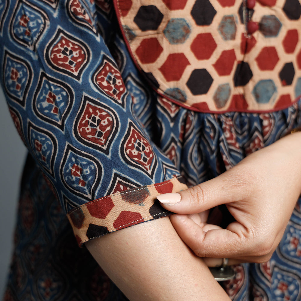 Blue - Cotton Long kurta in Ajrakh Block Prints of Kutch