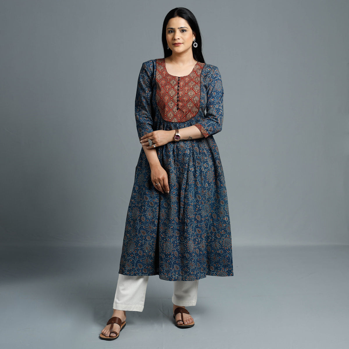 Blue - Cotton Long Kurta in Ajrakh Block Prints of Kutch