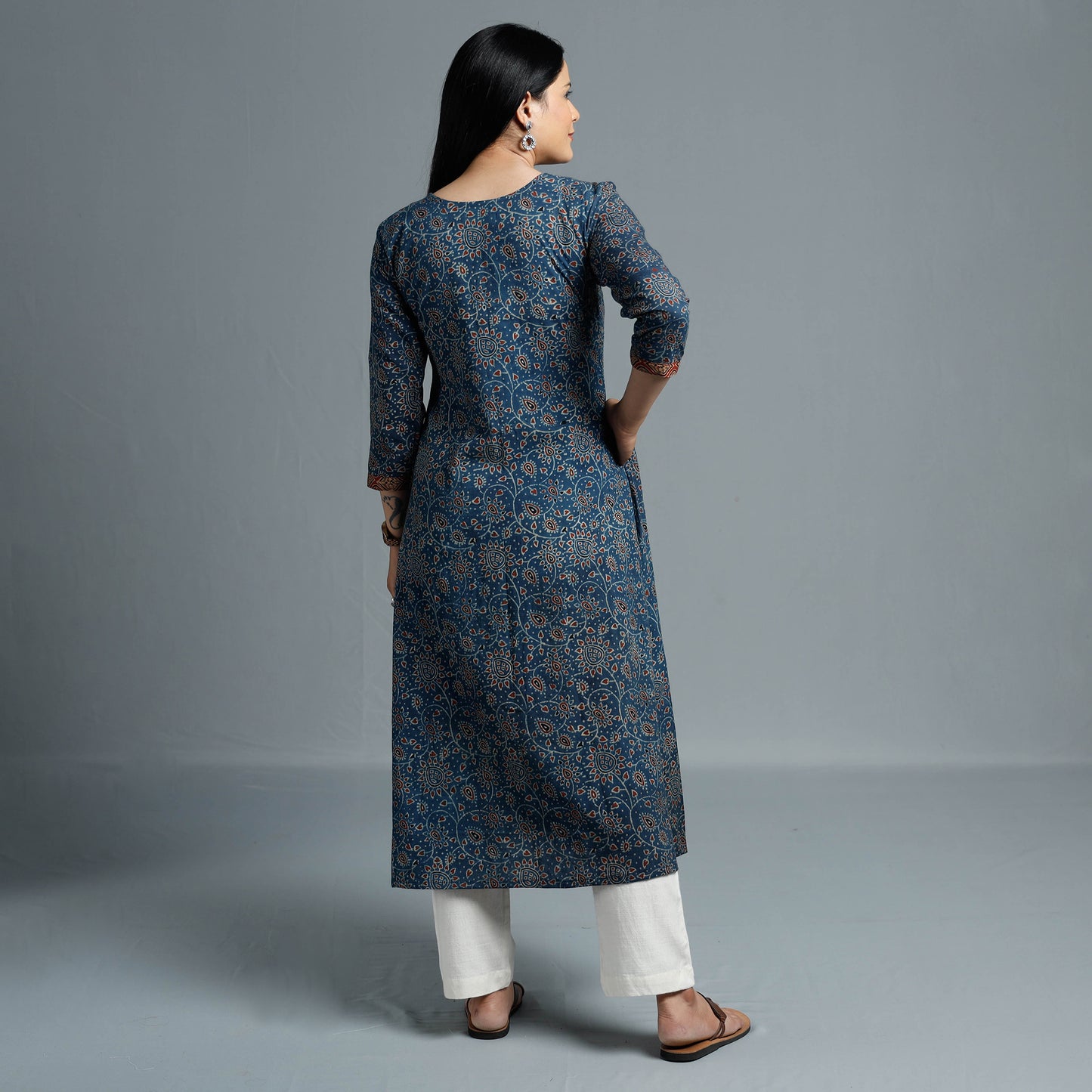 Blue - Cotton Long Kurta in Ajrakh Block Prints of Kutch