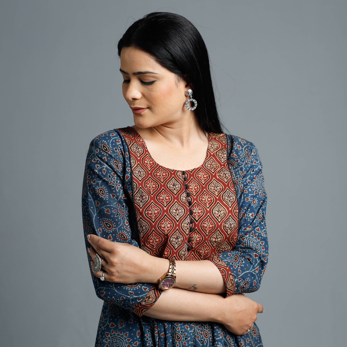 Blue - Cotton Long Kurta in Ajrakh Block Prints of Kutch