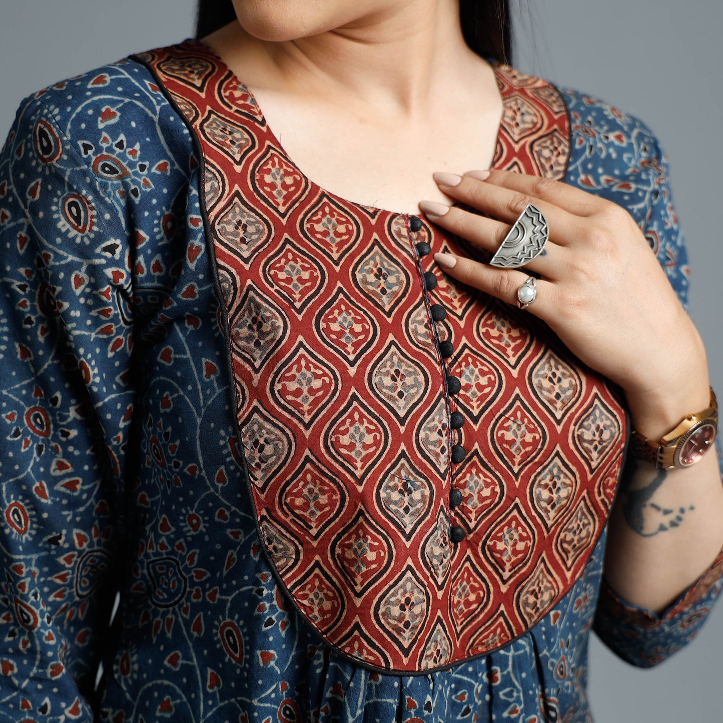 Blue - Cotton Long Kurta in Ajrakh Block Prints of Kutch