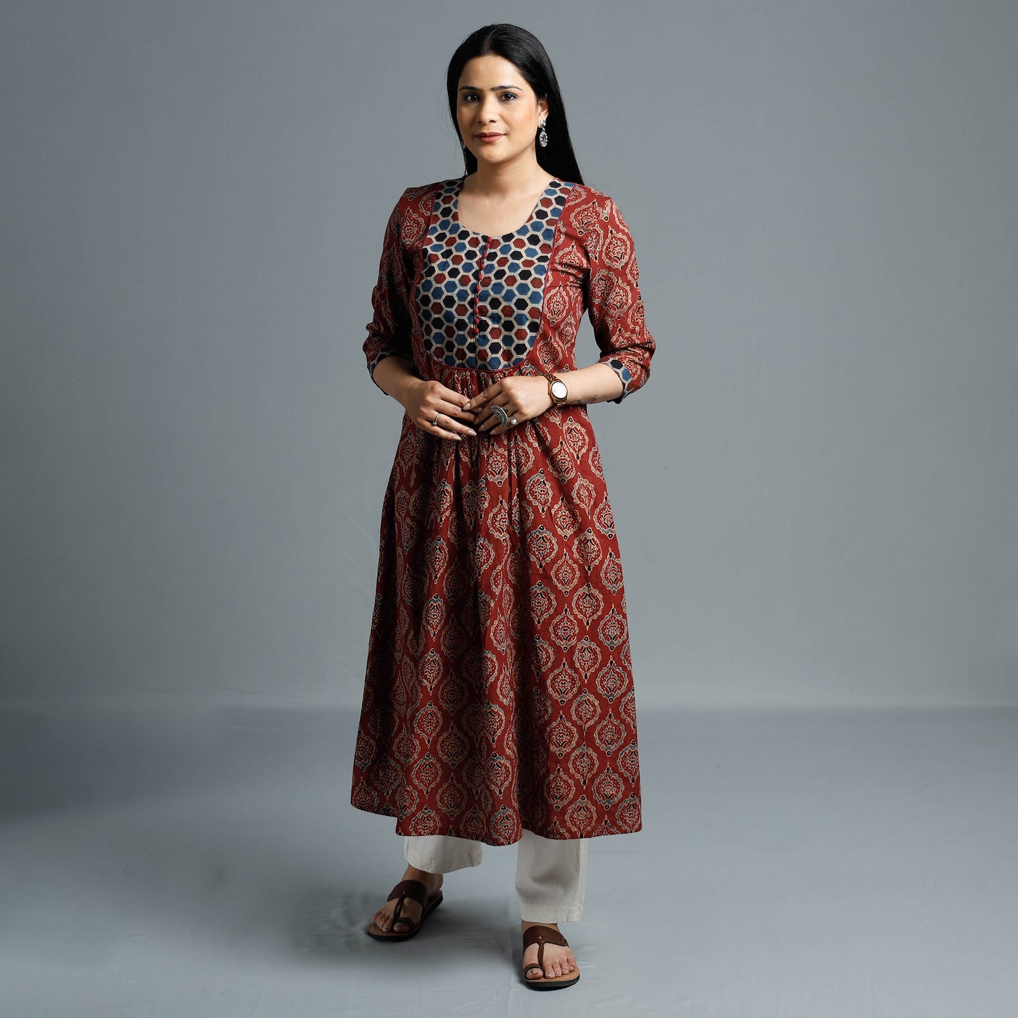 Maroon - Cotton Long Kurta in Ajrakh Block Prints of Kutch