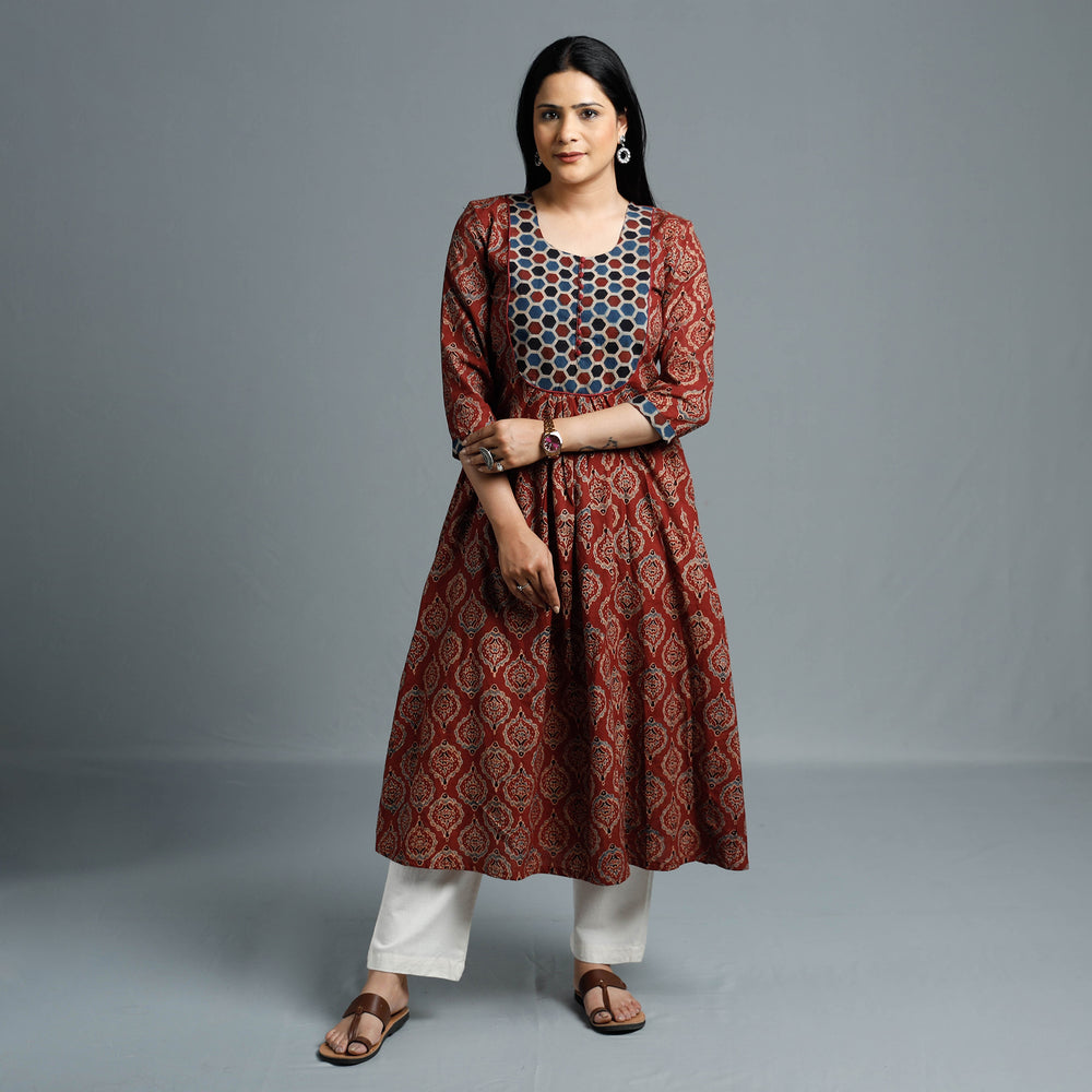 Maroon - Cotton Long Kurta in Ajrakh Block Prints of Kutch