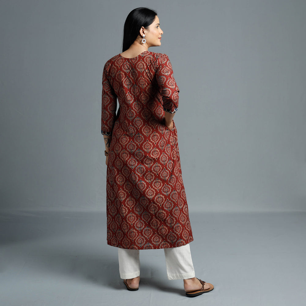 Maroon - Cotton Long Kurta in Ajrakh Block Prints of Kutch