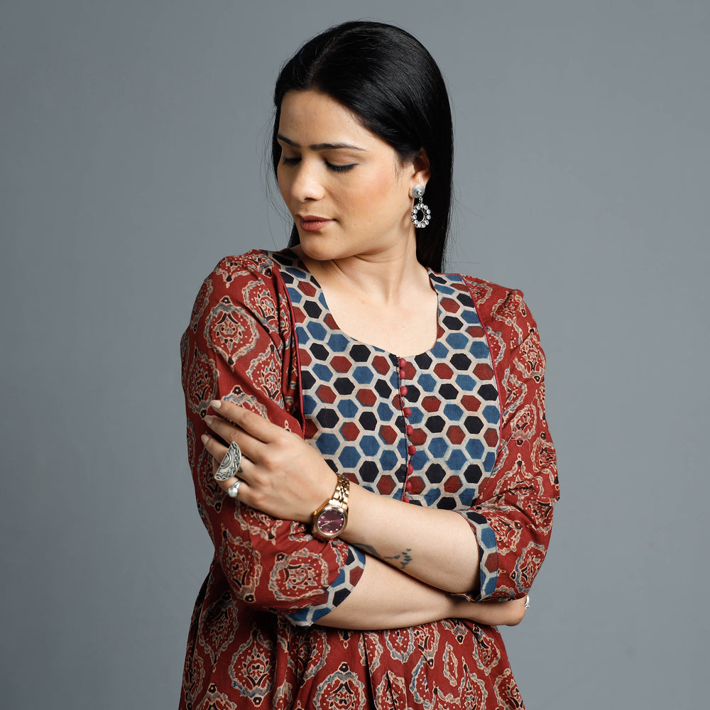 Maroon - Cotton Long Kurta in Ajrakh Block Prints of Kutch