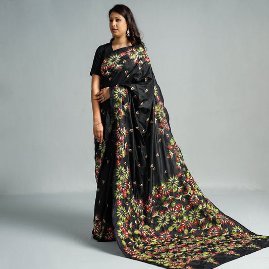 Black - Bengal Kantha Embroidery Bangalore Silk Handloom Saree