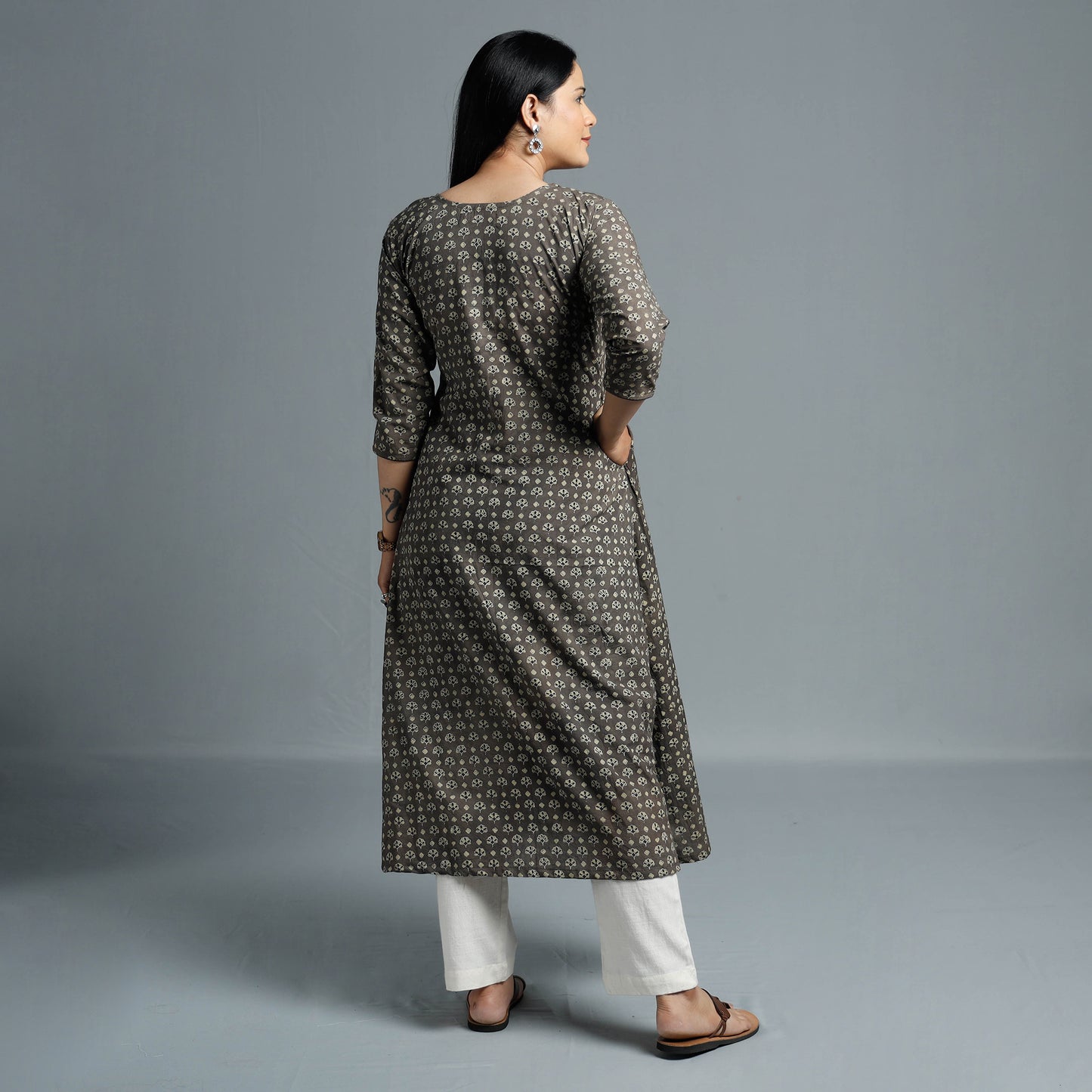 Brown - Cotton Long Kurta in Ajrakh Block Prints of Kutch